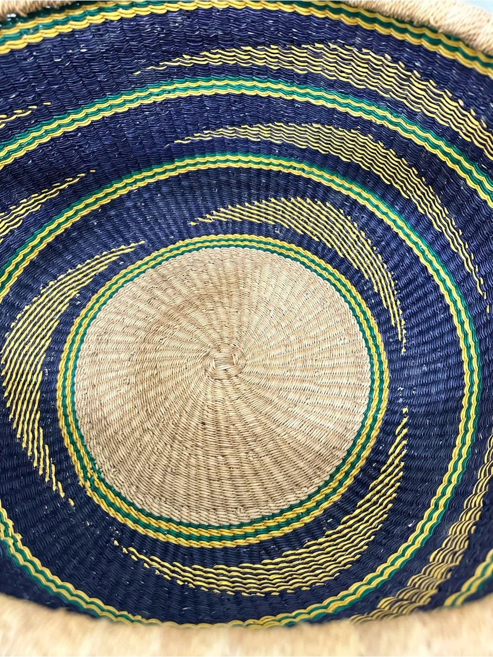 Large Bolga Basket Woven Striped Storage Basket Leather Handle Multicolor Ghana